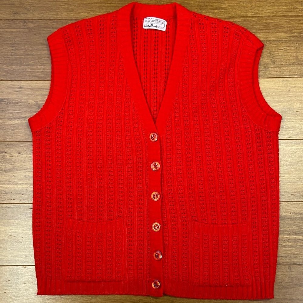 Vintage Dotty Mann Knit Vibrant Red Sleeveless Cardigan size Large